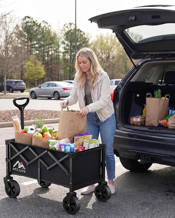 Collapsible Wagon Cart with Wheels - 250LBS Heavy Duty Folding Wagon for Groceries Shopping Outdoor Apartment Portable Foldable Utility Grocery Trolley, Black, L