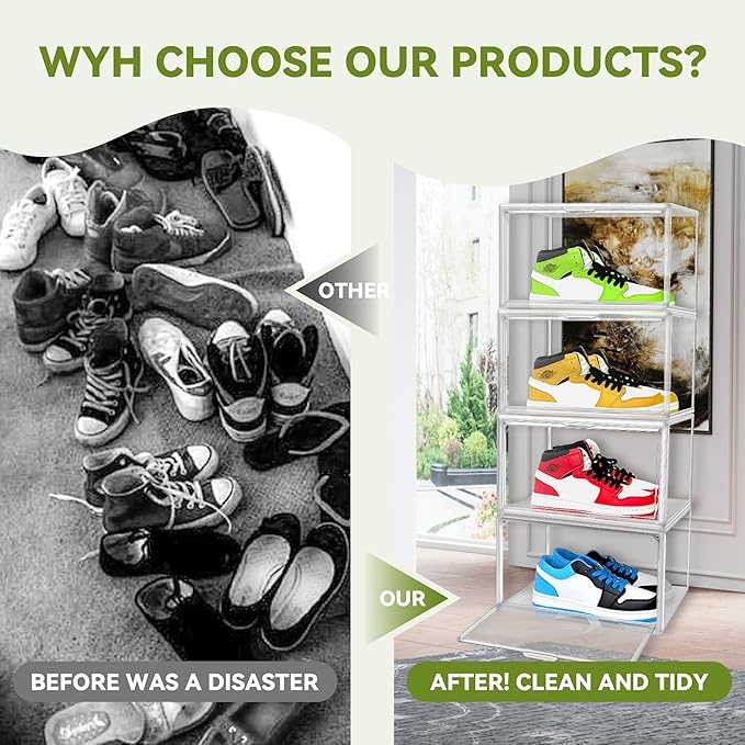 1 Pack Clear Stackable Plastic Shoe Storage Box with Magnetic Acrylic Door Size 12.5 Sneaker Display Case Transparent Closet Organizers and Storage, Easy Assembly