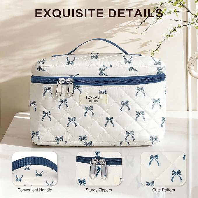 TOPEAST Travel Makeup for Women Girl, 3Pcs Large Cute Quilted Makeup Bag Organizer for Purse, Portable Big Cosmetic Brush Pouch with Zipper Compartment, Blue Bow