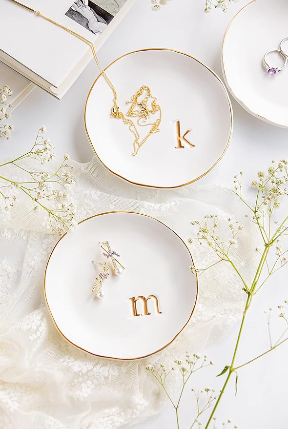 COLLECTIVE HOME - Ceramic Jewelry Tray, Decorative Trinket Dish for Rings Earrings Necklaces Bracelet Watch Keys, Birthday Mother's Day Christmas Gift for Women, 4.75", White Surface (K)