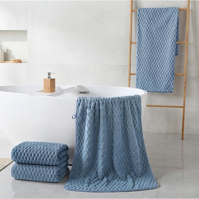 REDKISS 4 Pack Blue Microfiber Bath Towels - Large Shower Towels Set for Bathroom, Super Absorbent Towel Set of 4 Lagre, Quick Dry Bathroom Towel for Spa, Gym,Travel, Lint Free, Ultra Soft
