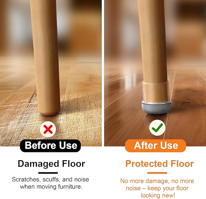 Chair Leg Floor Protectors for Hardwood Floors – Smooth Nylon Base Won’t Trap Cat or Dog Hair, Clear Silicone Caps No Scratch & Silent on Carpet & Tile (32 Pack, Fits 3/4" to 1")
