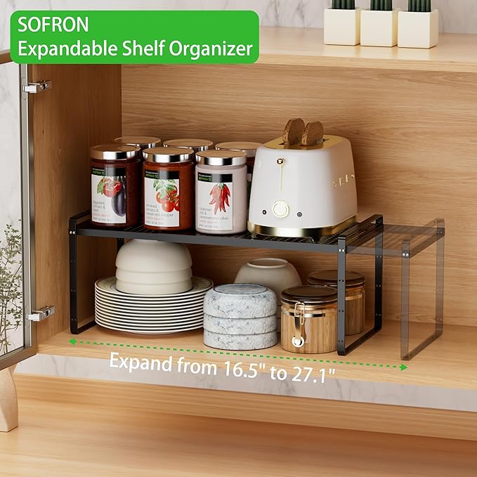 SOFRON Expandable Cabinet Organizer Shelf, Stackable Shelf Riser for Small Kitchen Pantry Desk Cupboard Tabletop Countertop Home Office, Heavy Duty, Black Small 1 Pack