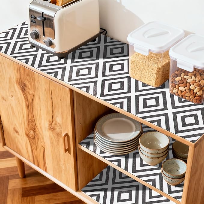 FIFTY FEET 12"x120" Non-Adhesive Shelf Liner for Kitchen Cabinets and Drawers, Washable Non-Slip PVC Cabinet Liner (Black Plaid)(10 Roll)