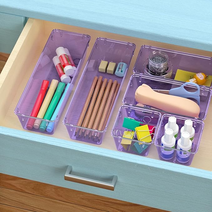 WOWBOX 9 Pack Clear Drawer Organizer Set, Acrylic Drawer Storage Trays, Storage Bins for Makeup, Cosmetics, Jewelry, Utensils, Gadgets, Office, Purple