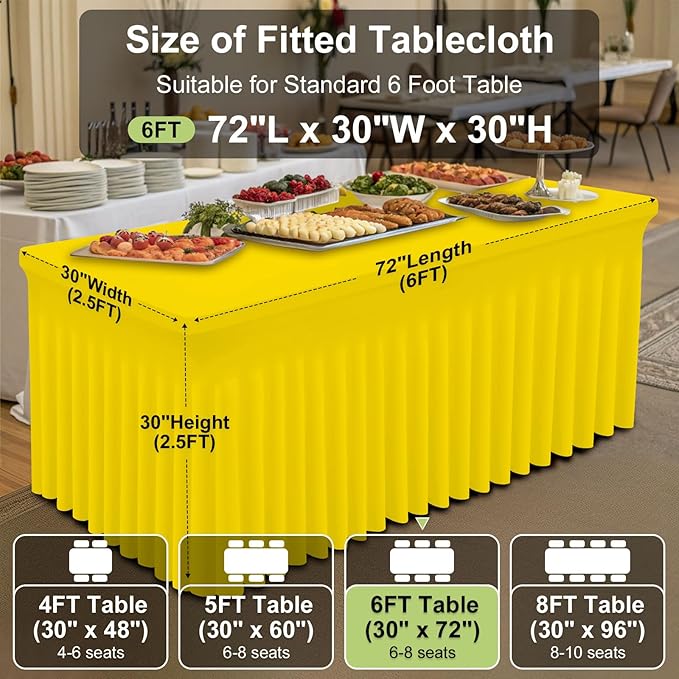 Smiry Spandex Tablecloth 2 Pack, Elastic Fitted Stretch Tablecloth for 6FT Rectangle Tables, Waterproof Washable Table Cover Skirt for Wedding, Banquet & Parties (Yellow, 72Lx30Wx30H Inch)
