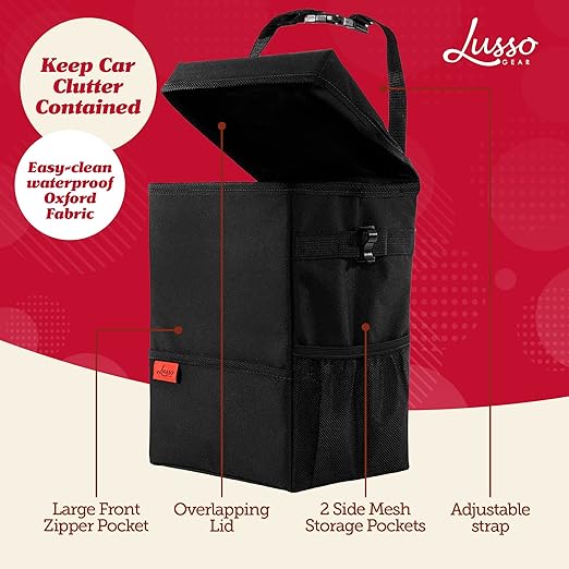 Lusso Gear Car Trash Can with Lid and Removable Liner, Hanging Car Trash Bag with Hooks, Waterproof Fabric Car Garbage Bin, Automotive Travel, Trashcan Car Accessories, for Truck Van and SUV (Red)