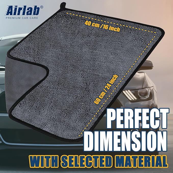 Airlab Microfiber Towels for Car Washing and Drying, Super Absorbent, Cleaning Cloth for Auto Detailing, Ultra Soft, Lint-Free, Streak-Free, 24 x 16 Inch, Pack of 2, Grey-Black, 600 GSM
