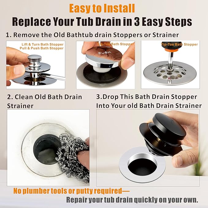 Artiwell Tub Drain, 2 in 1 Pop-up Bathtub Plug with Hair Catcher, Easy Installation Bath Drain Stopper with Strainer, MATT Black