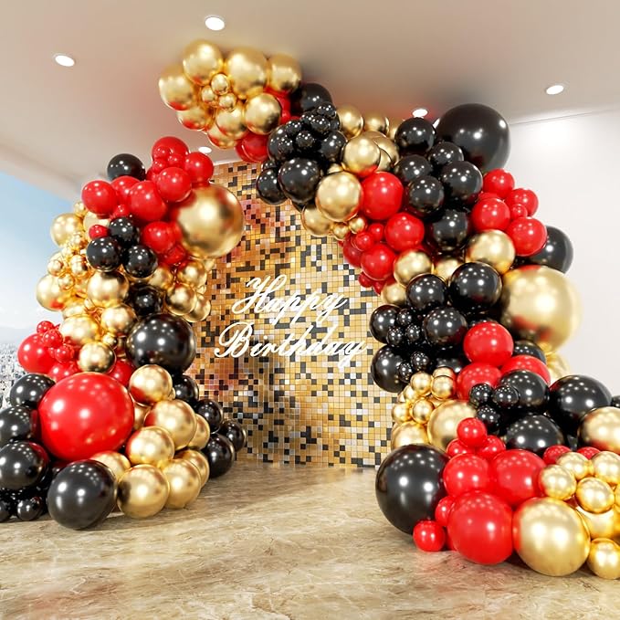 PTGOLUO 153Pcs Red and Black Gold Balloons Garland Arch Kit - 18 12 10 5 inch Different Size Black and Red Metallic Gold Balloons for Casino Anniversary Night Hollywood Movie Night Party Decorations