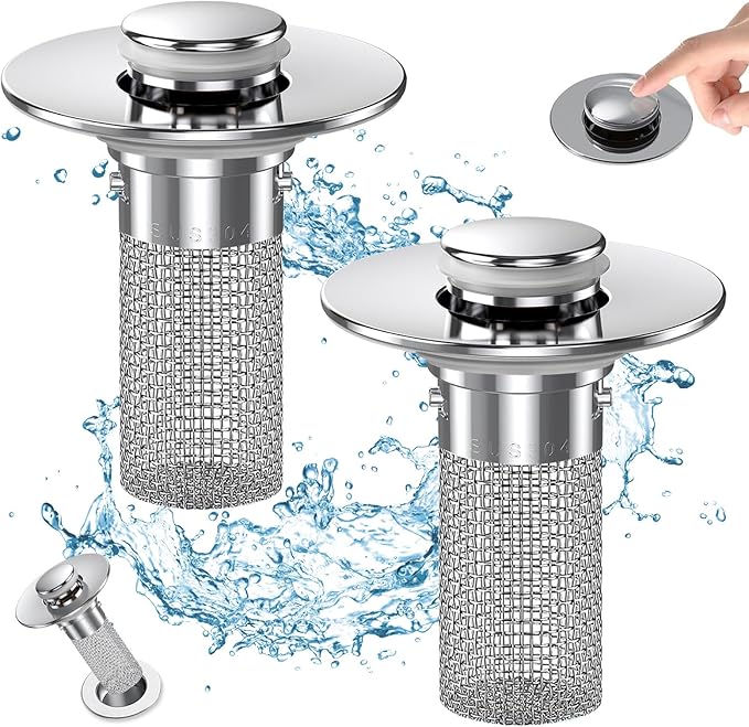 Bathroom Sink Drain Strainer, Pop Up Sink Drain Filter with Removable Stainless Steel Filter Basket Hair Catcher, Bathroom Sink Drain Stopper, for US Bathroom Sink Stopper Replacement (2pcs)