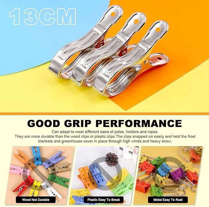 Tanstic 20 Pcs 5.1 Inch Stainless Steel Greenhouse Clamps Garden Clips Greenhouse Clips Heavy Duty Garden Clips with Strong Grip and Large Open Mouth for Netting Holding