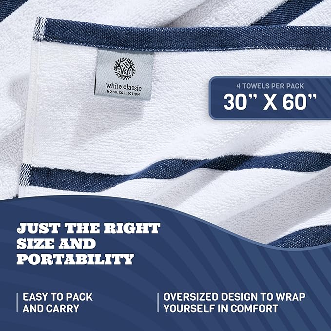 White Classic Cotton Pool Towels Oversized 30 x 60 Inches, Ultra Absorbent and Low Lint Striped Beach Towels for Adults, Stripes Design Luxury Extra Large Bath Towels, Navy Blue, 4 Pack