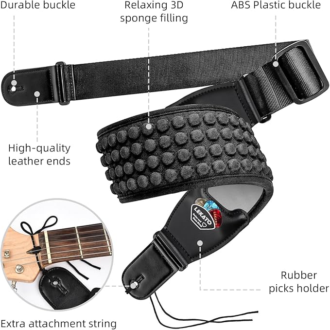 LEKATO Guitar Straps for Electric Guitar Bass, 3.5" Wide Padded Guitar Strap Neoprene Pad with 3D Sponge Filling Bass Guitar Straps Adjustable Length from 45" to 55" with Strap Locks, Picks, Gray