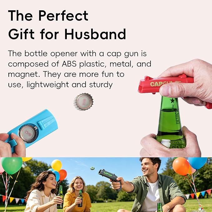 Cap Gun Bottle Opener, 4 Pack Bottle Cap Launcher Shooting Guns, Ultimate Party Opener Set for Adults, Cool Gadget Gifts for Men