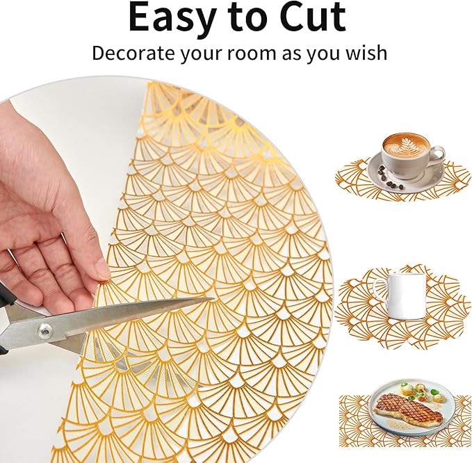 Shelf and Drawer Liner for Kitchen Cabinet,Non-Adhesive Waterproof Oil-Proof Easy Clean Shelf Liner for Dresser & Bathroom Vanities with Adhesive Dots & Cutting Tool(12 in X 30 Ft Gold Fish Scale)