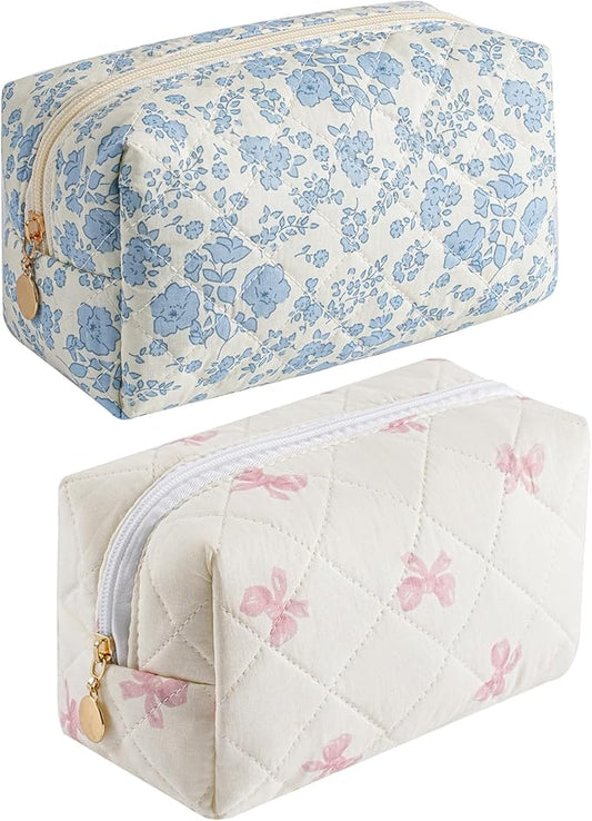 HHQQWZ Makeup Bag Travel Cosmetic Bag for Women Girls, Zipper Make Up Pouch, Floral Flowers Toiletry Organizer Makeup, Portable Storage Cosmetic Travel Cloth Bag (Blue Floral+Pink Bow Tie)