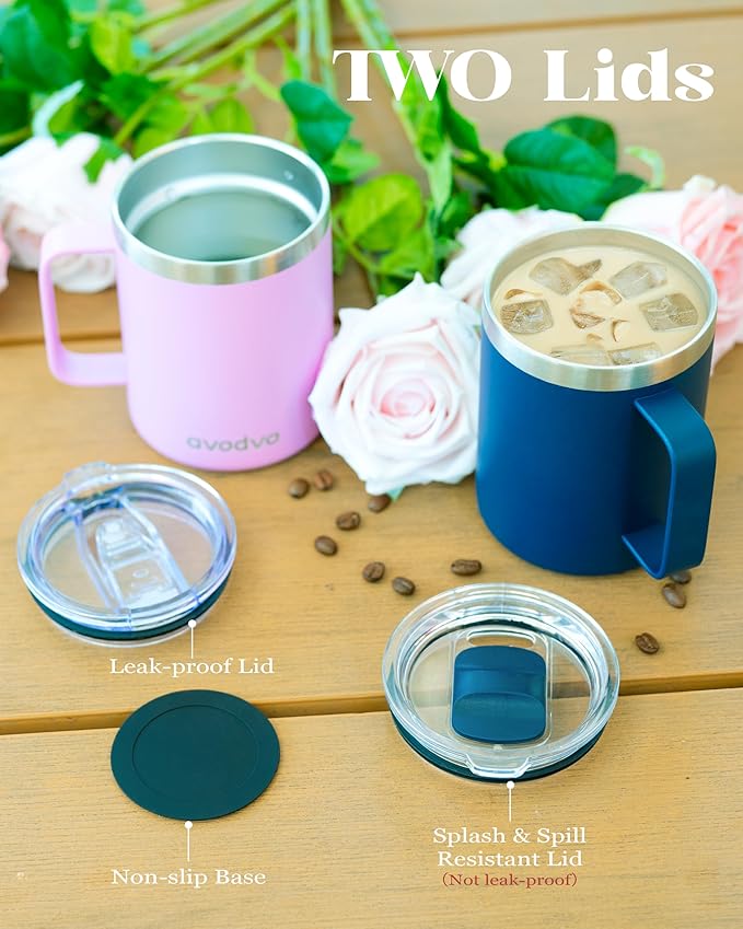 12oz Insulated Coffee Mug with Lid – Includes Two Lids, Stainless Steel Coffee Travel Mug with Handle, Double Wall Vacuum Insulated Camping Mug for Home, Office & Outdoor, Pink