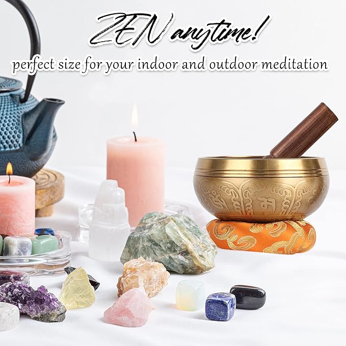 Tibetan Singing Bowls Set-Hand-hammered in Nepal Sound Bowl for Meditation, Yoga, Chakra, Meditation Accessories, Stress Relief Tool and Unique Gifts for Women, Men (Yellow, 4 inch)