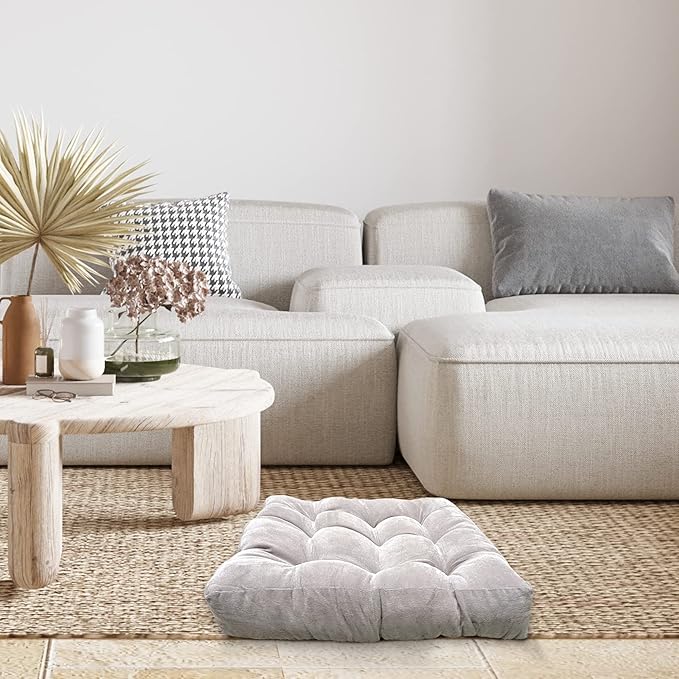 LANITI 24” Inch Extra Large Floor Cushions Tufted Floor Pillow for Adults Square Meditation Ultimate Comfort Oversized Pillows for Floor Cushion (Grey)