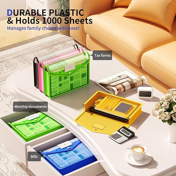 7 Pack Plastic Expanding File Folder, Transparent envelopes with Snap Closure, Fit Legal/B4 Size for School/Office/Home/Hospital, No Dividers, Large Capacity-7 Colors