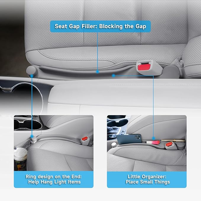 Car Seat Gap Filler Set of 2, 3IN1 Seat Side Gap Filler Plug with Storage Slot & Hook Function, Soft Foam Universal Fit Car SUV Truck Fill Gap Between Seats Console Organizer（Standard Gray）