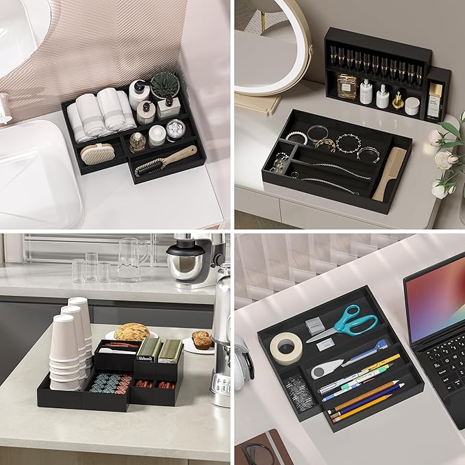 Greatseas Kitchen Drawer Organizer Bins, Stackable Bamboo Drawer Organizer for Silverware, 2 Pcs Toilet Paper Basket Holder, Wood Bathroom Tray Countertop, Toilet Tank Tray Black 15" x 6" x 2.5"