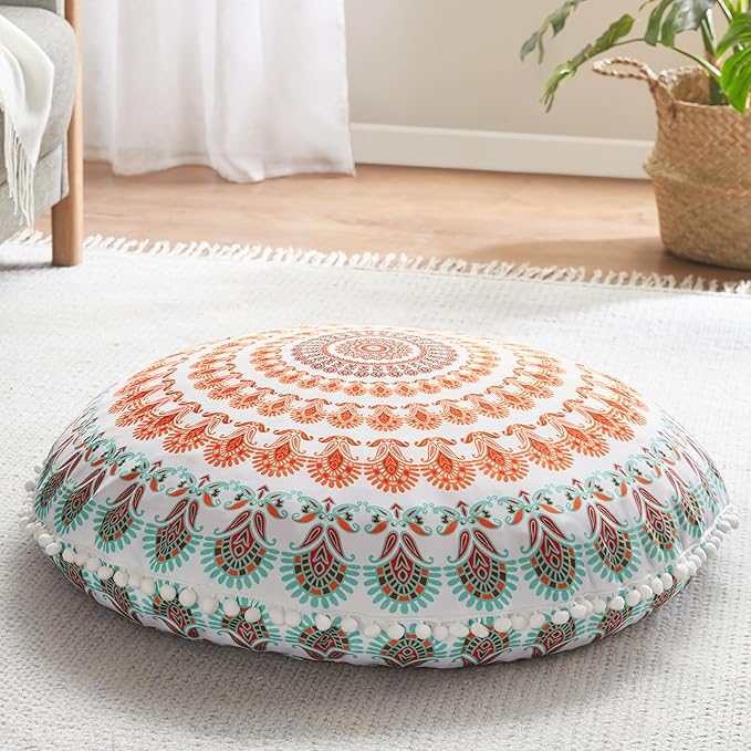 Codi Meditation Floor Pillow, Round Large Pillows Seating for Adults, Bohemian Mandala Circle Cushion for Outdoor Fireplace Yoga Living Room, 32 Inch, Memory Foam Added, Coral
