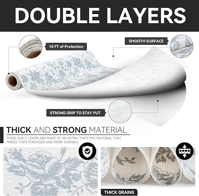 RAY STAR Shelf Liner, Non Adhesive Silver Floral Kitchen Cabinet Liner for Pantry Drawer Vanity, Strong Grip Non Slip Waterproof, Shelf Liners for Kitchen Cabinets Cupboard 12 Inch x 10 FT (2 Rolls)