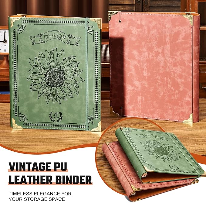 Ovesmusl Sunflower PU Leather 3 Ring Binder Fits 8.5"x11" Letter Size Paper, 1.5 Inch Round Ring Binder Holds 350 Sheets, Notepad Paper Cover Loose Leaf Organizer, Pink