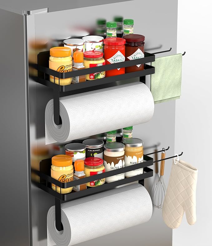 ZUNTO 2pcs Magnetic Paper Towel Holder for Fridge, Black Kitchen Organizer with Towel Roll Holder, Spice Shelf and 2 Hanging Racks (No Drilling)