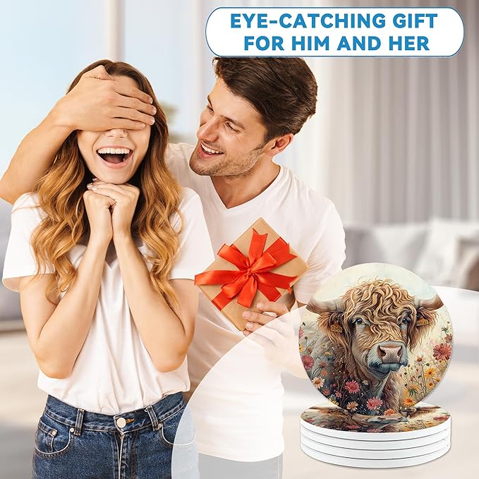 Drinks Coasters Set of 4, Highland Cow Wildflowers Round 4" Cup Coasters, Absorbent Ceramic Stone Coasters with Cork Base, Cute Coasters for Table Home Décor, Ideal Gifts for Women Men