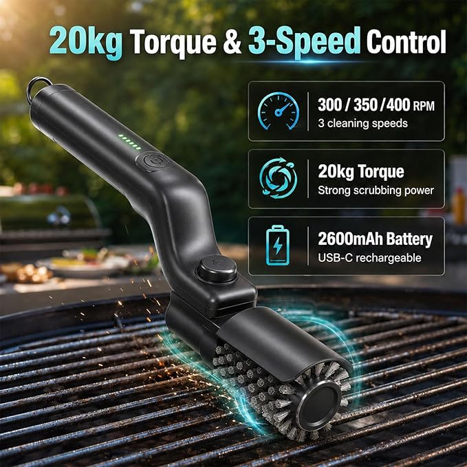 Electric Grill Brush for Outdoor Grill, BBQ Grill Cleaner with 2 Brush Heads, 3-Speed Cordless Rotary Brush, Adjustable Angle, 150-Min Runtime, Grill Cleaning Tool for Barbecue Grates