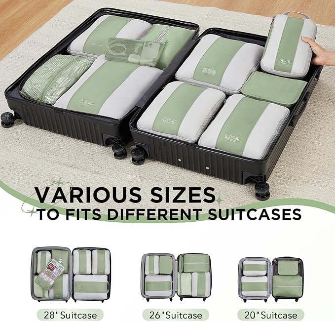 10-Piece Compression Packing Cube Set for Travel Essentials, Compressible and Expandable Packing Cubes for Suitcases, OlarHike Luggage Organizer Bags for Travel, Handy Helper for Organizing Clothes (Matcha Green)