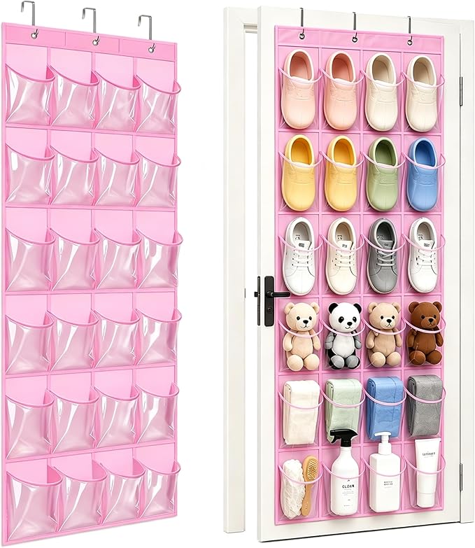 Over-the-Door Kids Shoe Organizer, Pink Shoe Rack for Door, 24 Crystal Clear Pockets, Heavy-Duty Hanging Organizer, 3 Metal Hooks for Toddler Shoes
