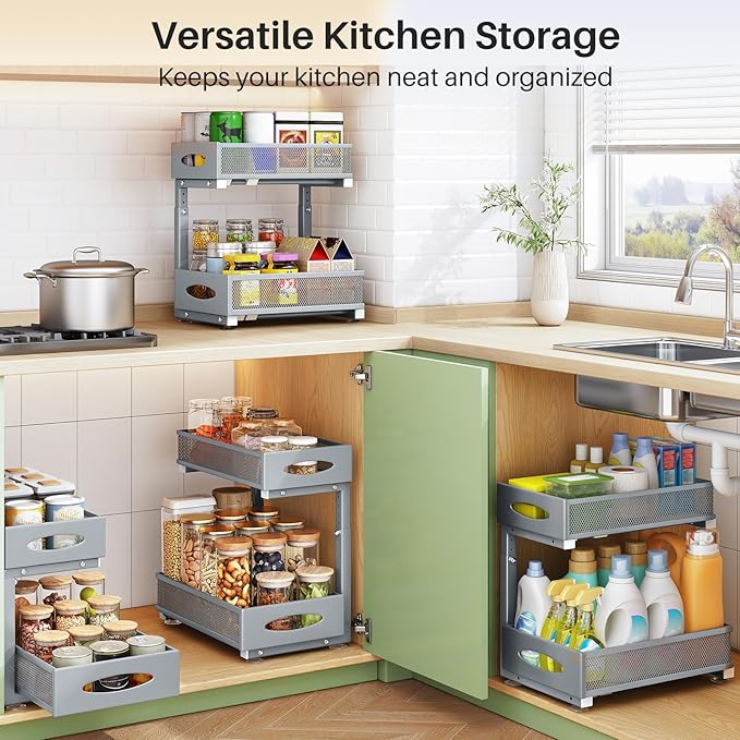 2 Pack Under Sink Organizer, 2 Tier Pull-Out Cabinet Organizer Mesh Baskets with 5 Adjustable Heights, Sliding Drawers Storage Shelf for Home, Kitchen, Bathroom, Pantry, Office, Countertop, Grey
