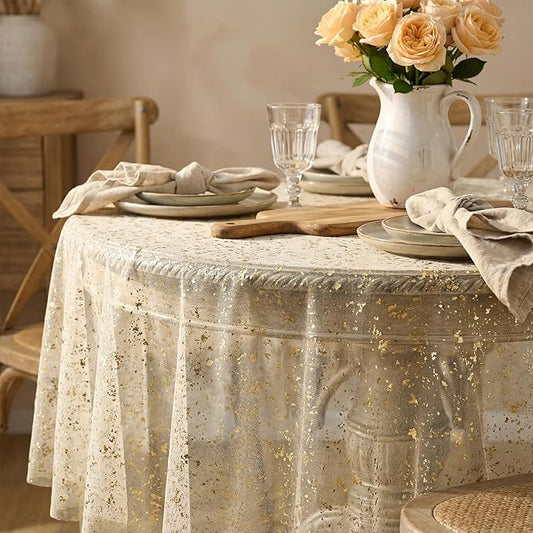 Horaldaily Beige Gold Gauze Tablecloth 60x60 Inch Round, Golden Sequin Glitter Metallic Foil, Sheer Tulle Cheesecloth for Wedding Baby Shower Ceremony Birthday