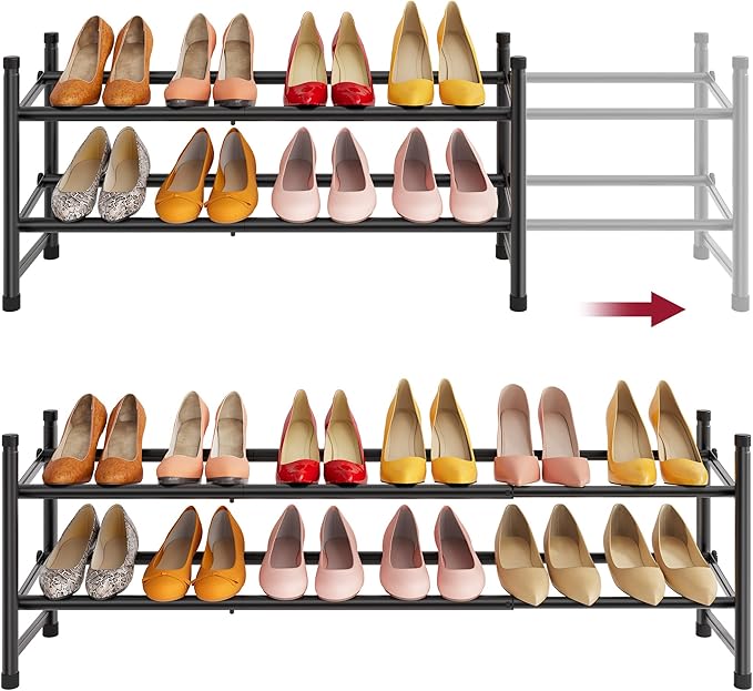 Tajsoon Expandable Shoe Rack for Closet 2 Tier, 28“-41“ Adjustable & Stackable Shoe Shelf Storage, Metal Shoe Rack Organizer for Front Door Entrance, Closet, Garage, Entryway, Black