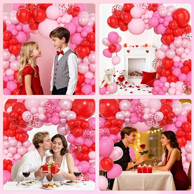 Amandir 153pcs Pink and Red Balloon Arch Garland Kit, Different Sizes 18 12 10 5 inch Latex Pearlescent Hot Pink Heart Confetti Valentines Balloons for Birthday Proposal Wedding Party Decorations