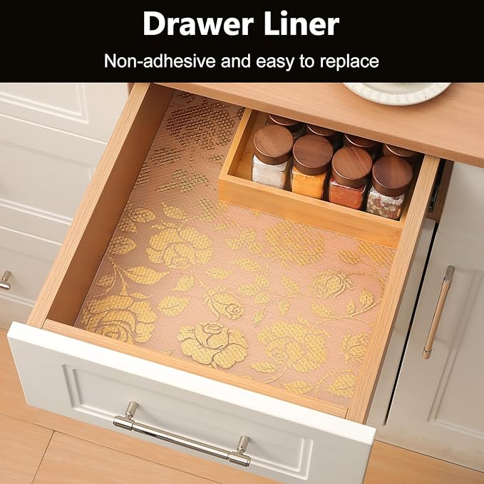 INNOLITES Shelf Liner for Cabinets, Non-Adhesive for Kitchen Drawer Liner, Waterproof Shelf Paper with Floral Pattern, Durable Easy to Clean (Golden Rose, 17.5" x 197")