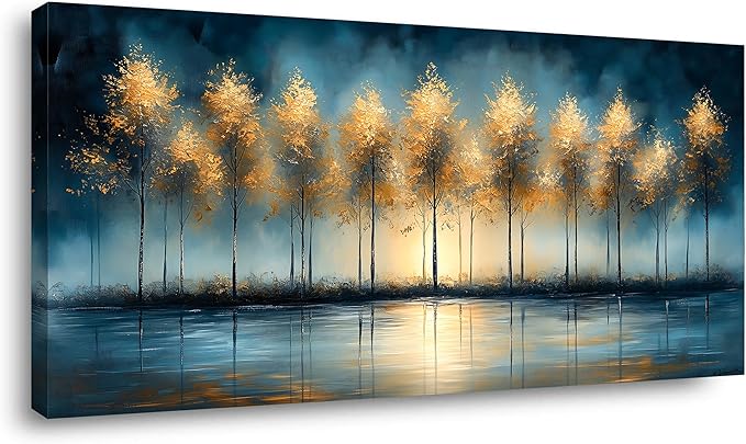 ZESTRILIA Golden Trees Wall Art Impression Canvas Abstract Sunset Oil Painting Reproduction Print Artwork Landscape Picture for Living Room Bedroom Home Office Kitchen Décor (28x58inch)