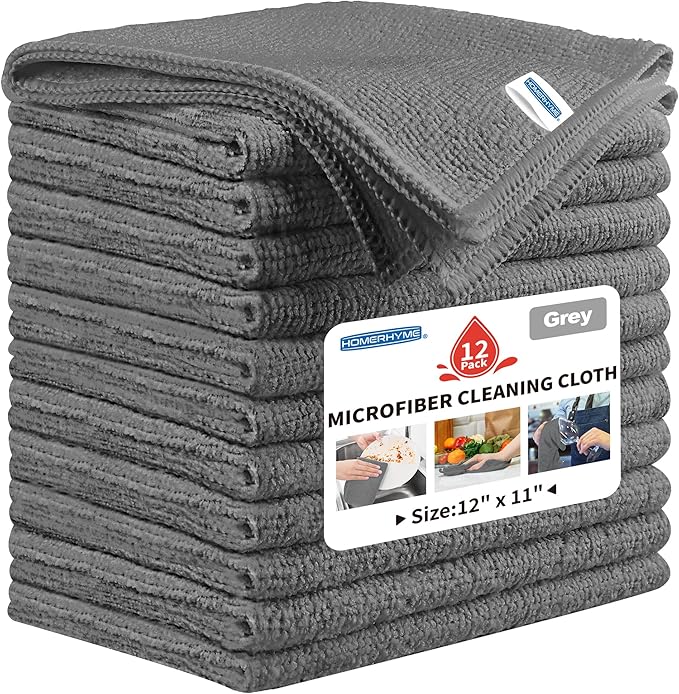HOMERHYME Microfiber Cleaning Cloth, 12 Pack Grey Cleaning Rags, 12" X 11" Lint Free Dish Towels Wash Cloths, Reusable Microfiber Towels for Home and Kitchen Bathroom Apartment Cleaning Supplies