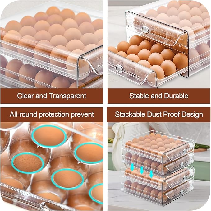MFBJXC Egg Holder for Refrigerator,60 Eggs Clear Drawer Organizer,2 Layer Stackable Egg Holder Egg Trays,Egg Storage Container with Time Scale for Fridge Countertop Cabinet