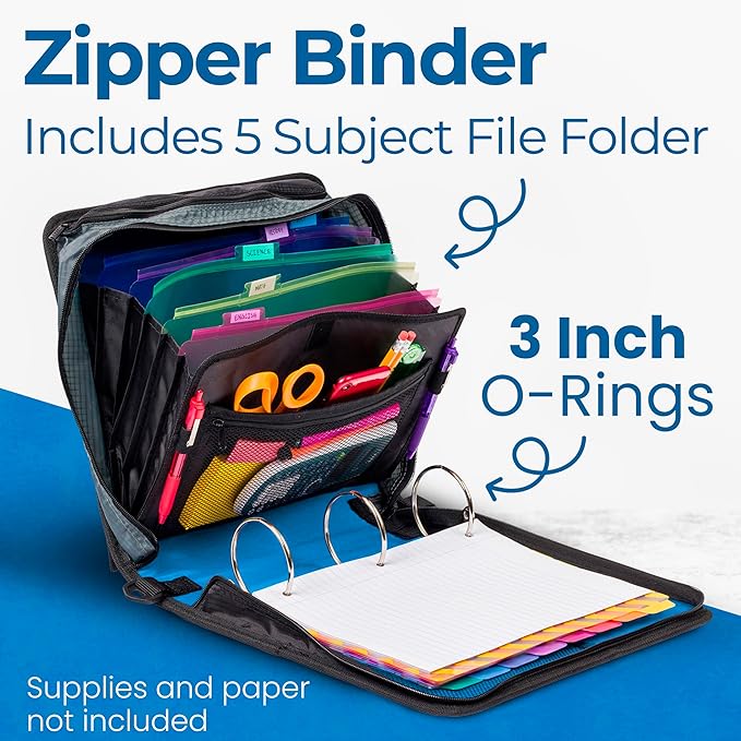 Case-it Mighty Zip Tab Zipper Binder, 3" O-Ring with 5-Color tabbes, Expanding File Folder and Shoulder Strap and Handle, D-146-Denim Blue