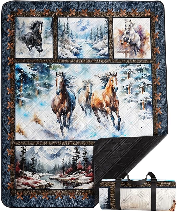 Outdoor Picnic Blanket Portable Ultrasonic Waterproof Picnic 3D Horse Printed Camping Beach Mat for Sand and Wet Grass Hiking (3D Horse S