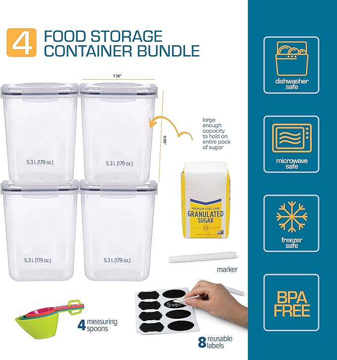 Flour Sugar Storage Containers (5.3L/4pk) Great Rice Canister Sets For The Kitchen Pantry, Large Food Storage Containers With Lids Airtight