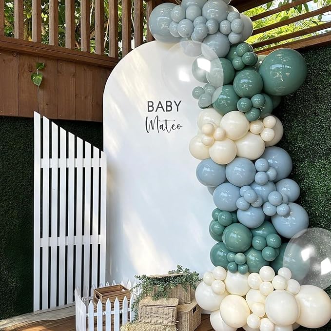 Dusty Blue Green Balloons Garland Arch Kit, 120Pcs Pastel Green Blue Beige Gold Balloons in 18/12/5 Inch Different Sizes for Boho Birthday Wedding Bridal Baby Shower
