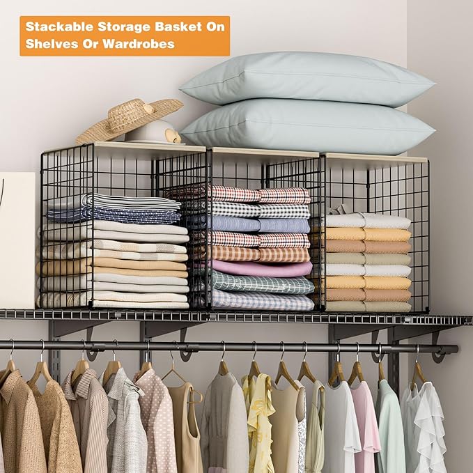 Taller Closet Organizers and Storage with Wood Top, Set of 3 Stackable Wire Storage Bins for Clothes, Bags, Towels, Double Storage Design, Sturdy Metal Cube Shelf Organizer for Closet Wardrobe, Black