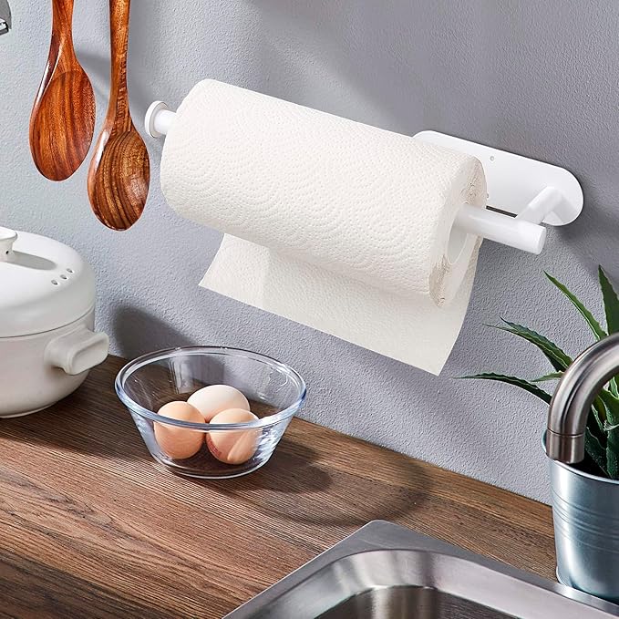 Paper Towel Holders, Paper Towel Rolls - for Kitchen, Paper Towels Bulk - Self-Adhesive Under Cabinet, Both Available in Adhesive and Screws, Stainless Steel Paper Towel Holder (White)
