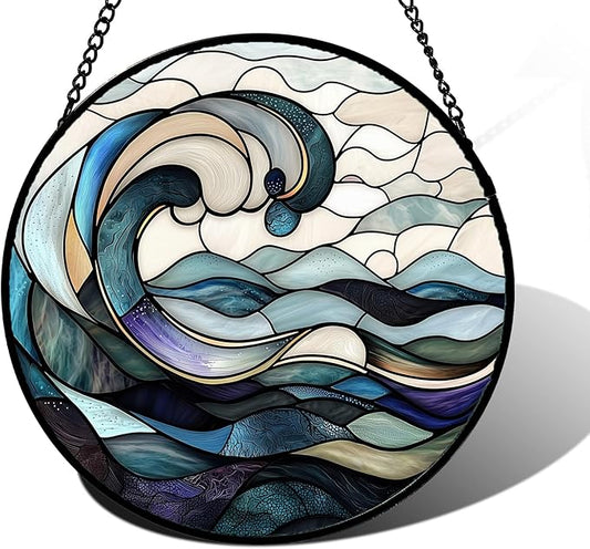 Stained Glass Window Hanging, Ocean Waves Sun Catchers Diamond Glass Panel Hangings Abstract Suncatcher Decor for Birthday for Women, Men, Wife, Aunt, and Mom 7.8 in